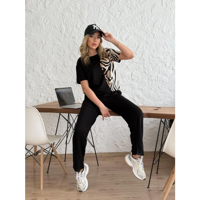 Kadın Bisiklet Yaka Kısa Kol Leopar Desen Bluz Ve Pantolon Ikili Takım