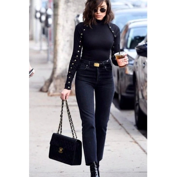 Kadın Bisiklet Yaka Kolları çıtçıtlı Kaşkorse Kumaş Bluz