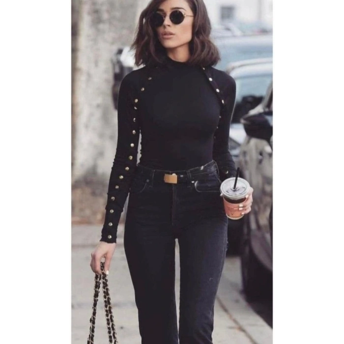 Kadın Bisiklet Yaka Kolları çıtçıtlı Kaşkorse Kumaş Bluz