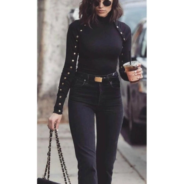 Kadın Bisiklet Yaka Kolları çıtçıtlı Kaşkorse Kumaş Bluz