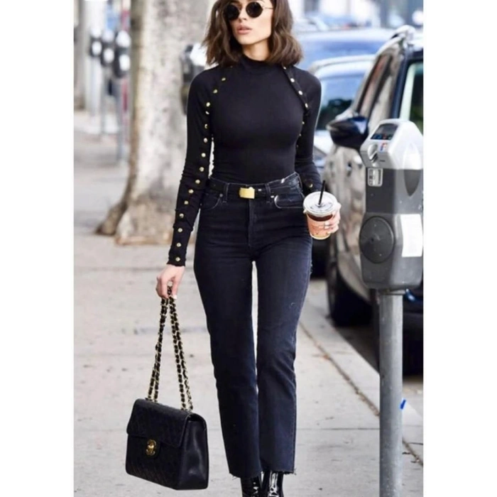 Kadın Bisiklet Yaka Kolları çıtçıtlı Kaşkorse Kumaş Bluz