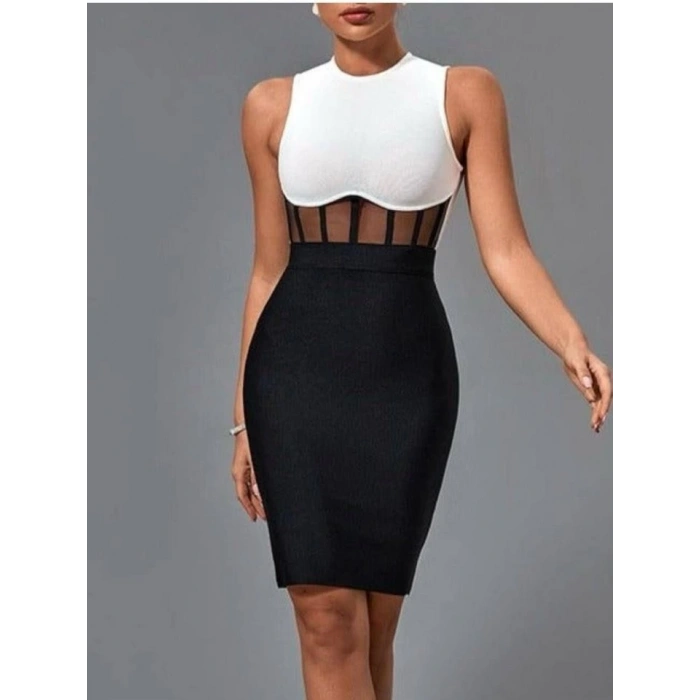 Kadın Bisiklet Yaka Kolsuz çift Renk Ve Bel Transparan Korse Detay Midi Boy Elbise