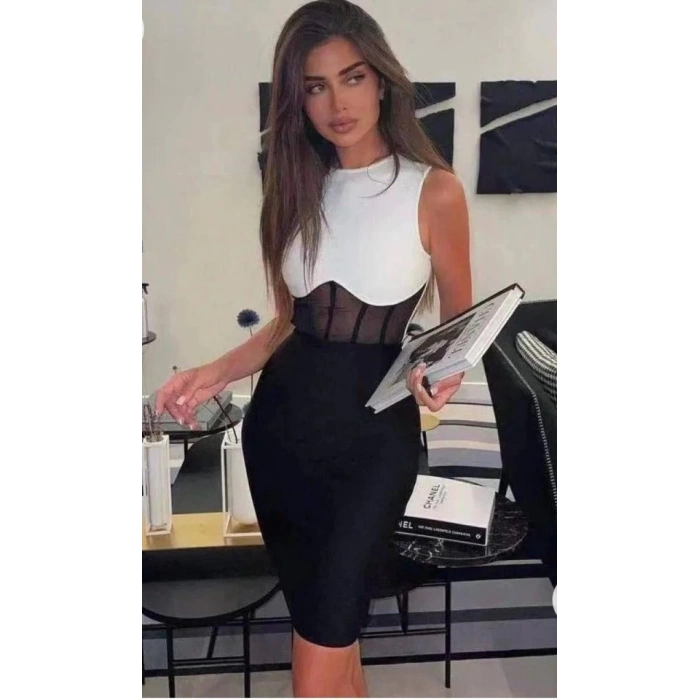 Kadın Bisiklet Yaka Kolsuz çift Renk Ve Bel Transparan Korse Detay Midi Boy Elbise