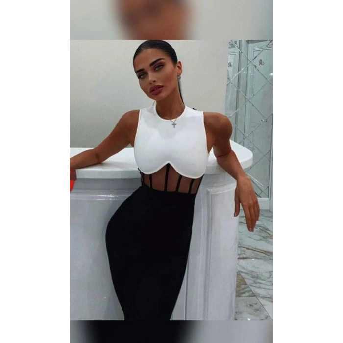 Kadın Bisiklet Yaka Kolsuz çift Renk Ve Bel Transparan Korse Detay Midi Boy Elbise