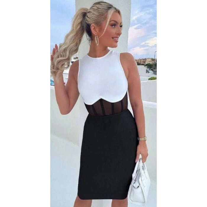 Kadın Bisiklet Yaka Kolsuz çift Renk Ve Bel Transparan Korse Detay Midi Boy Elbise