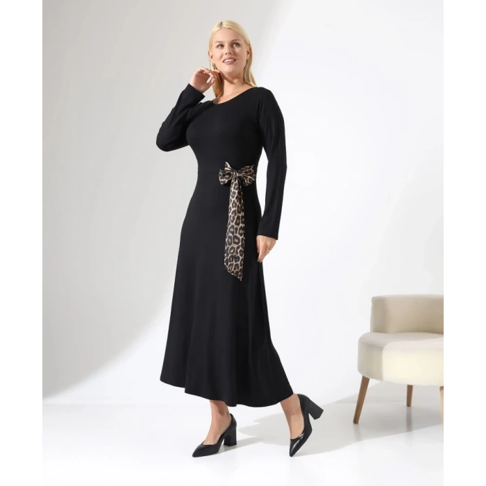 Kadın Bisiklet Yaka Leopar Fiyonk Detay Maxi Boy Elbise