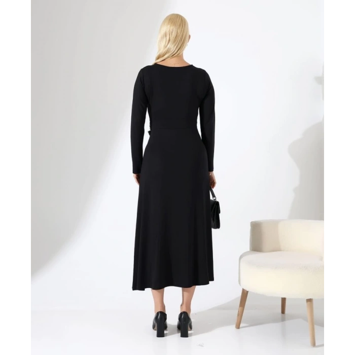 Kadın Bisiklet Yaka Leopar Fiyonk Detay Maxi Boy Elbise