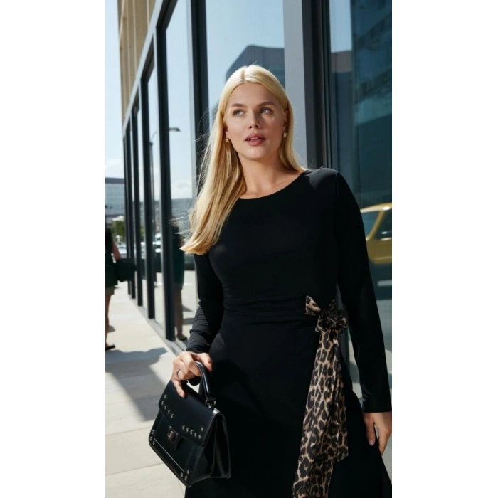 Kadın Bisiklet Yaka Leopar Fiyonk Detay Maxi Boy Elbise