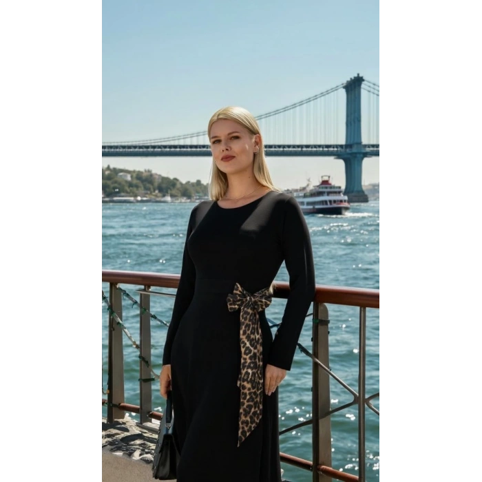 Kadın Bisiklet Yaka Leopar Fiyonk Detay Maxi Boy Elbise