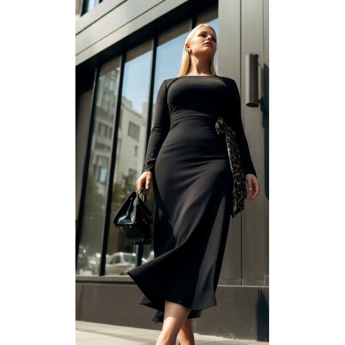 Kadın Bisiklet Yaka Leopar Fiyonk Detay Maxi Boy Elbise