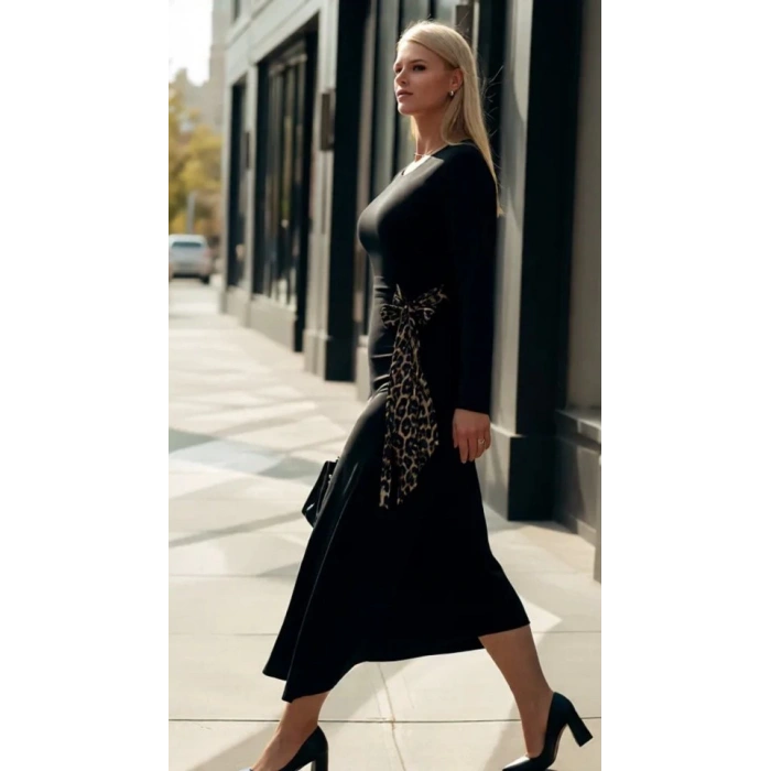 Kadın Bisiklet Yaka Leopar Fiyonk Detay Maxi Boy Elbise
