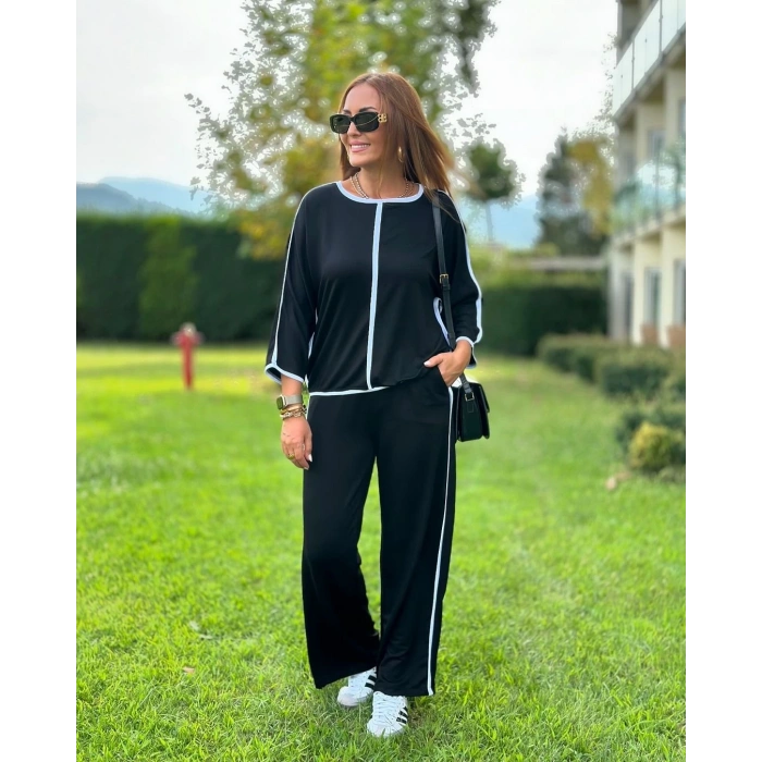 Kadın Bisiklet Yaka Truvakar Kol Biye Detay Bluz Ve Yüksek Bel Lastikli Pantolon Ikili Takım