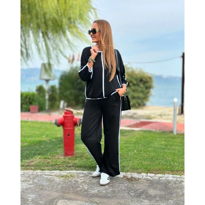 Kadın Bisiklet Yaka Truvakar Kol Biye Detay Bluz Ve Yüksek Bel Lastikli Pantolon Ikili Takım