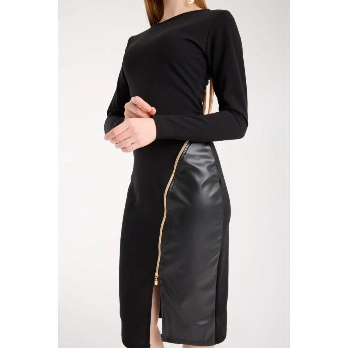 Kadın Bisiklet Yaka Uzun Kollu Deri Ve Fermuar Detay Mini Yırtmaçlı Elbise