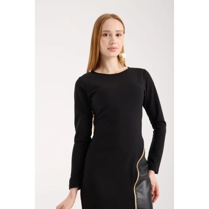 Kadın Bisiklet Yaka Uzun Kollu Deri Ve Fermuar Detay Mini Yırtmaçlı Elbise