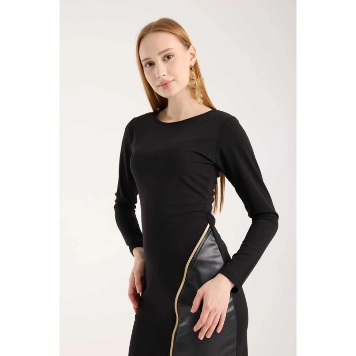 Kadın Bisiklet Yaka Uzun Kollu Deri Ve Fermuar Detay Mini Yırtmaçlı Elbise