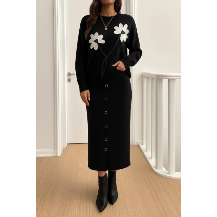 Kadın Bluz çiçek Desenli Detay Etek Düğme Detayıkılı Takım