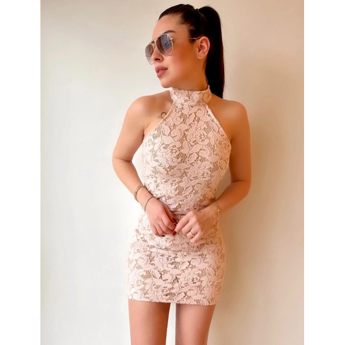 Kadın Boyun Bağlamalı Full Likralı Astarlı Dantel Mini Elbise