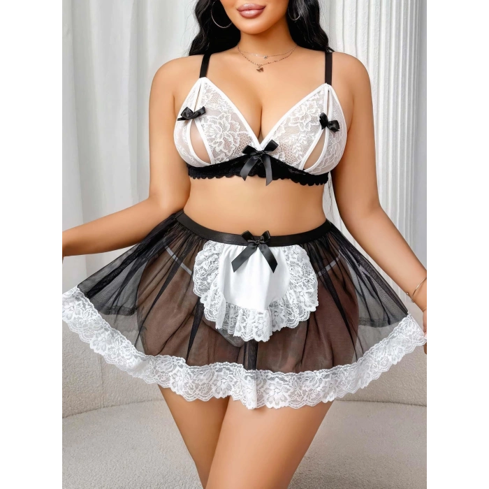 Kadın Büyük Beden  Seksi Hizmetçi Kostüm Fantezi Transparan Tül Fantezi Erotik 8006