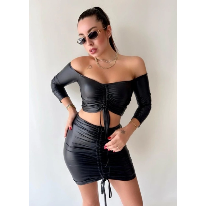 Kadın Büzgülü Deri Etek Takım Fırsat Ürün