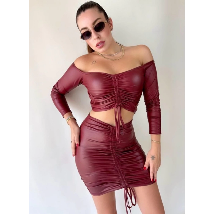 Kadın Büzgülü Deri Etek Takım Fırsat Ürün