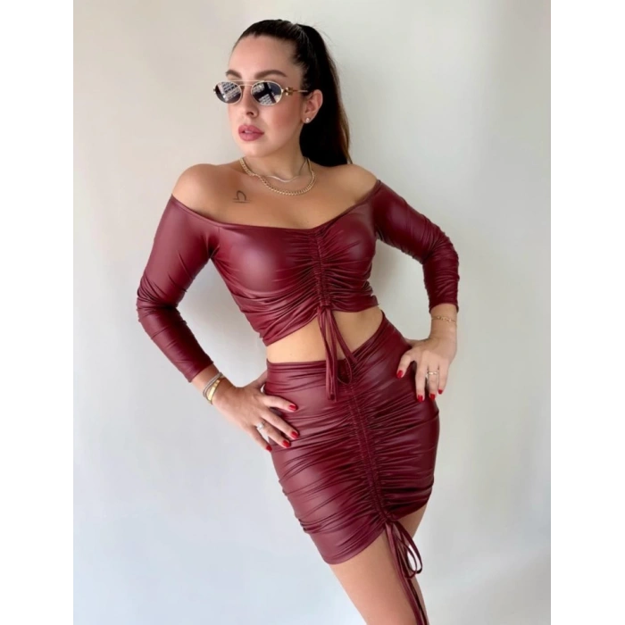 Kadın Büzgülü Deri Etek Takım Fırsat Ürün