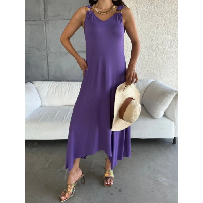 Kadın çan Dokuma Kumaş V Yaka Asimetrik Kesim Elbise