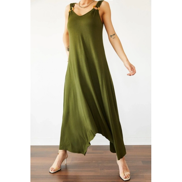 Kadın çan Dokuma Kumaş V Yaka Asimetrik Kesim Elbise