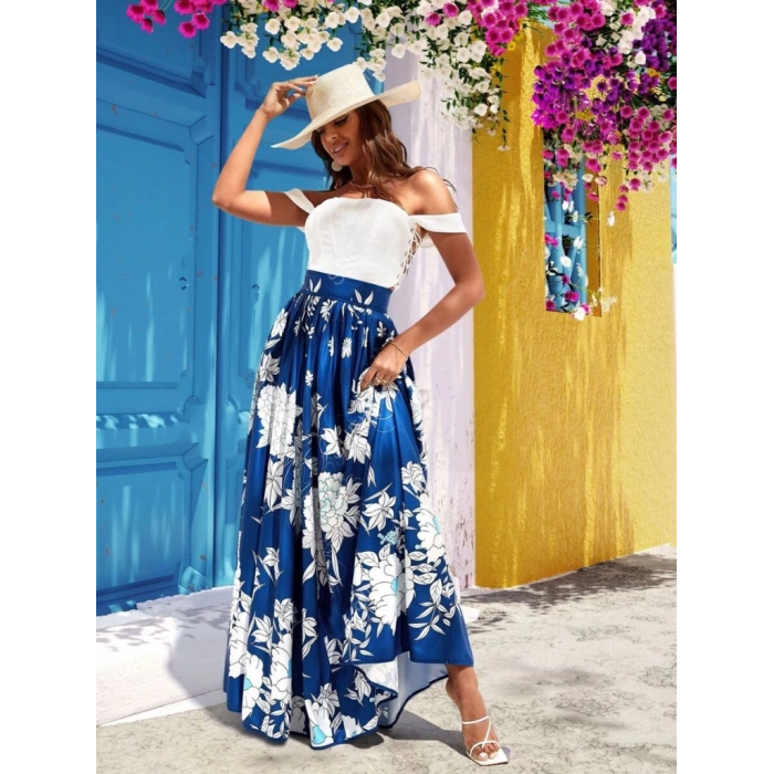 Kadın çiçek Baskılı Maxi Boy Süprem Etek