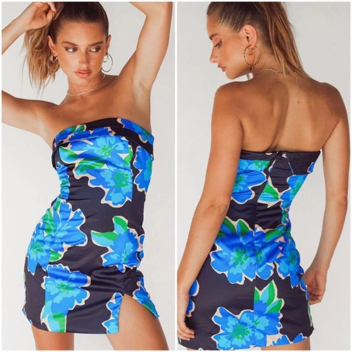 Kadın çiçek Deseni Yırtmaç Detay Fırsat ürün Mini Straplez Elbise