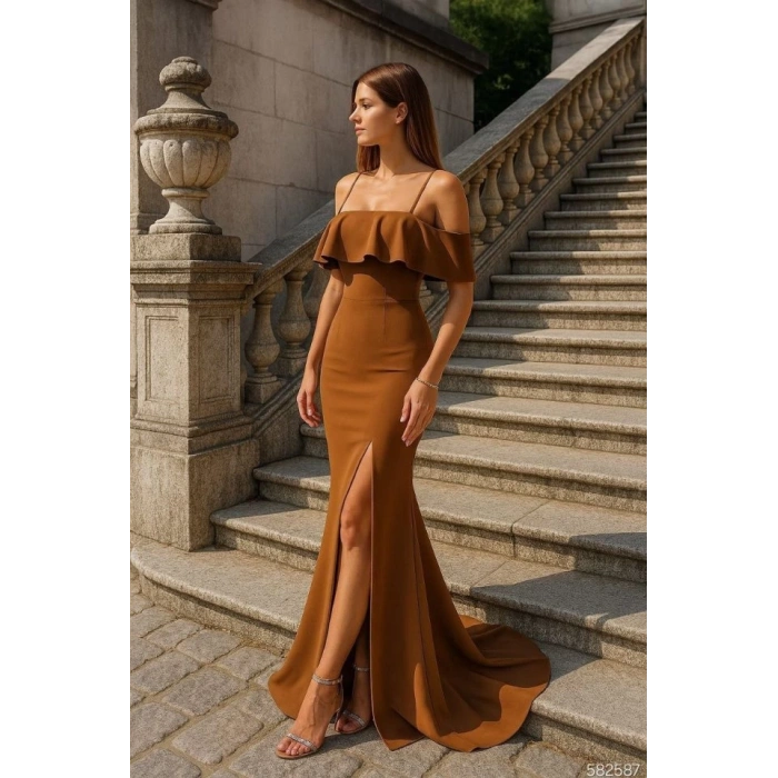 Kadın Dalgıç Krep Yırtmaç Detaylı Askılı Maxi Boy Elbise