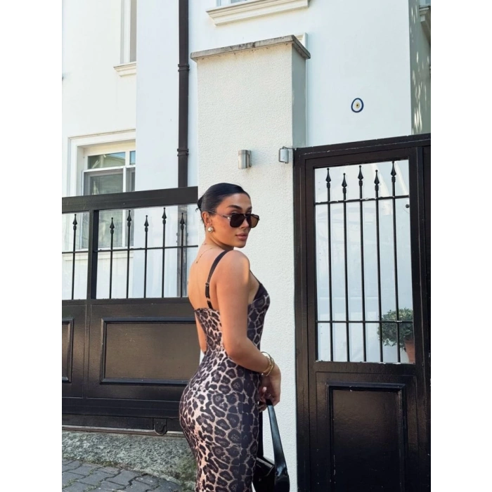 Kadın Dalgıç Kumaş Dijital Leopar Baskılı Midi Boy Elbise