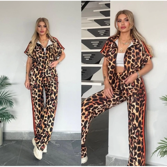 Kadın Dalgıç Kumaş Dijital Leopar Baskılı şerit Detaylı Takım