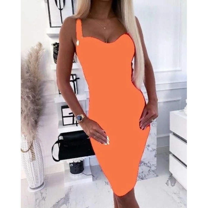 Kadın Dalgıç Kumaş Düğmeli Fermuarlı Askılı Elbise