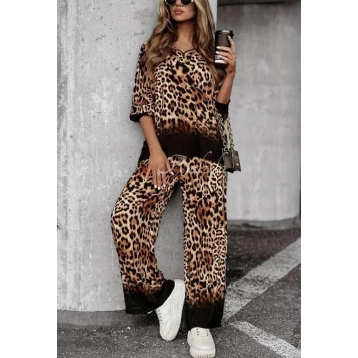 Kadın Dalgıç Kumaş Leopar Desenli Fermuar Detaylı Ikili Tamım