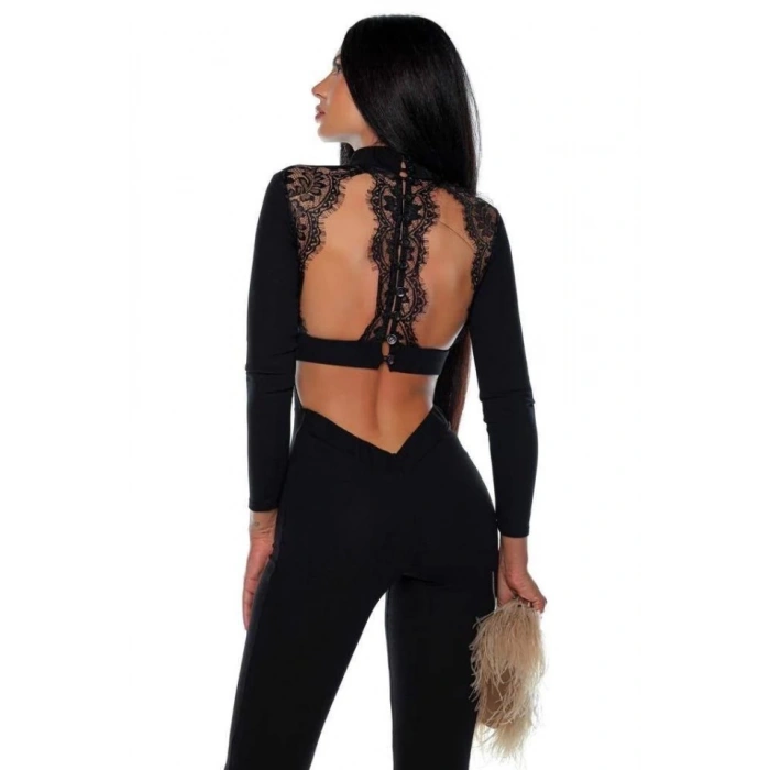 Kadın Dalgıç Kumaş Sırt Dantel Detaylı Maxi Boy Tulum