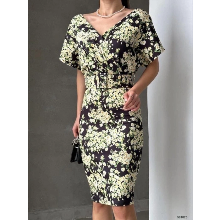 Kadın Dalgıç Kumaş V Yaka çiçek Desenli Kuşaklı Kalem Elbise