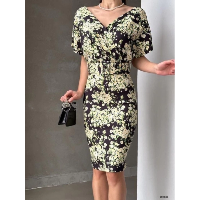 Kadın Dalgıç Kumaş V Yaka çiçek Desenli Kuşaklı Kalem Elbise
