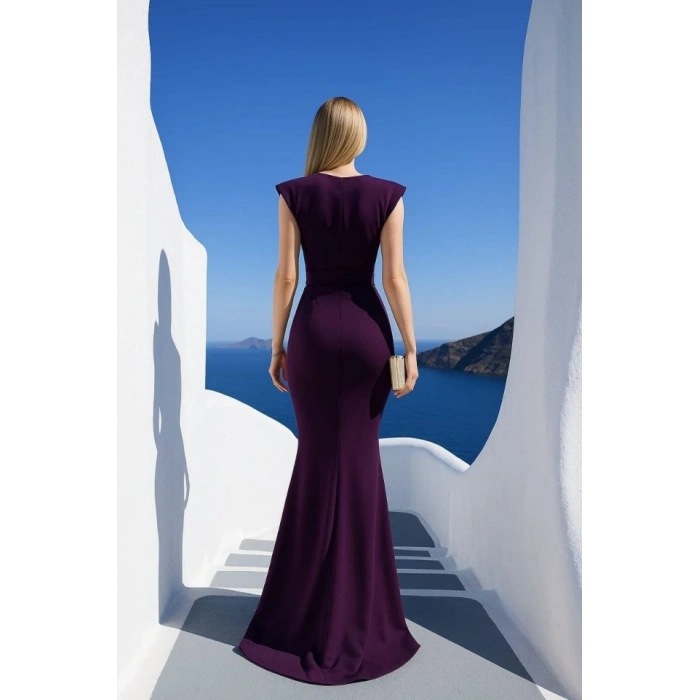 Kadın Dalgıç Kumaş V Yaka Fırfır Detaylı Maxi Boy Elbise