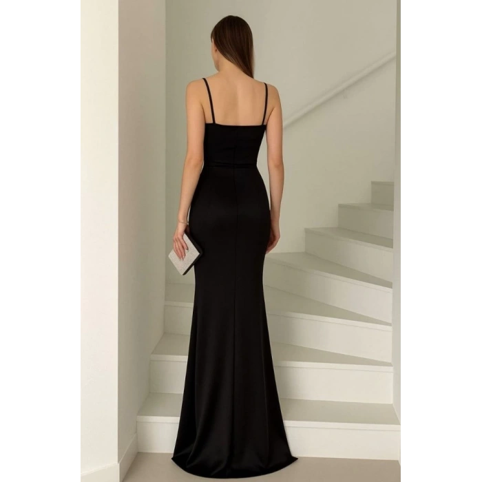 Kadın Dalgıç Kumaş V Yaka Yırtmaç Detaylı Maxi Boy Elbise