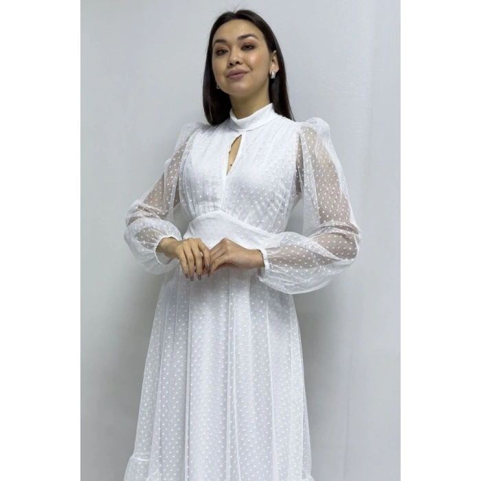 Kadın Damla Yaka Sırt Dekolteli Astarlı Tül Elbise