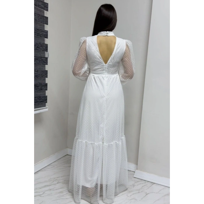 Kadın Damla Yaka Sırt Dekolteli Astarlı Tül Elbise