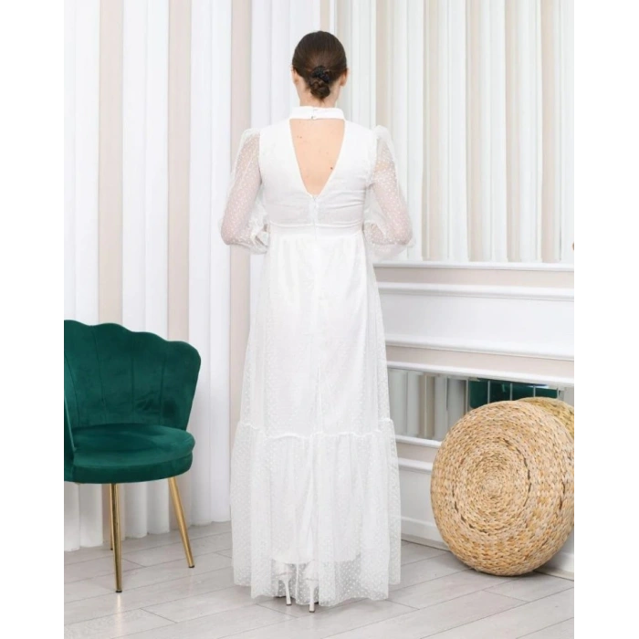 Kadın Damla Yaka Sırt Dekolteli Astarlı Tül Elbise