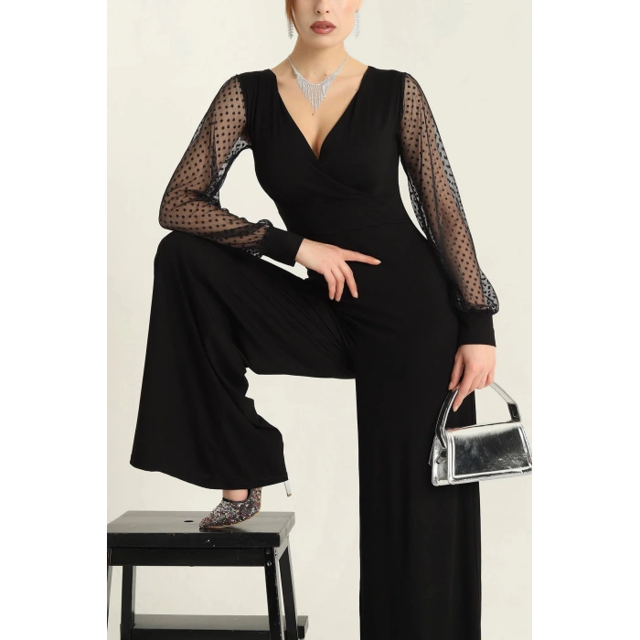 Kadın Derin V Yaka Kolları Puantiyeli Tül Detay Ispanyol Paça Tulum