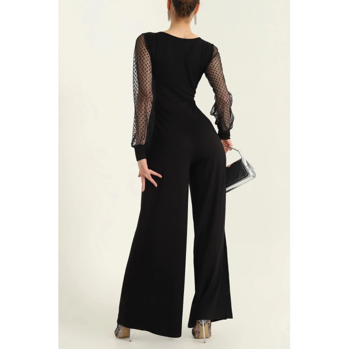 Kadın Derin V Yaka Kolları Puantiyeli Tül Detay Ispanyol Paça Tulum