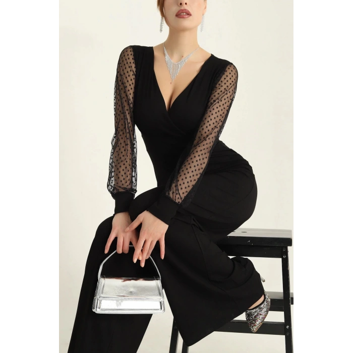 Kadın Derin V Yaka Kolları Puantiyeli Tül Detay Ispanyol Paça Tulum