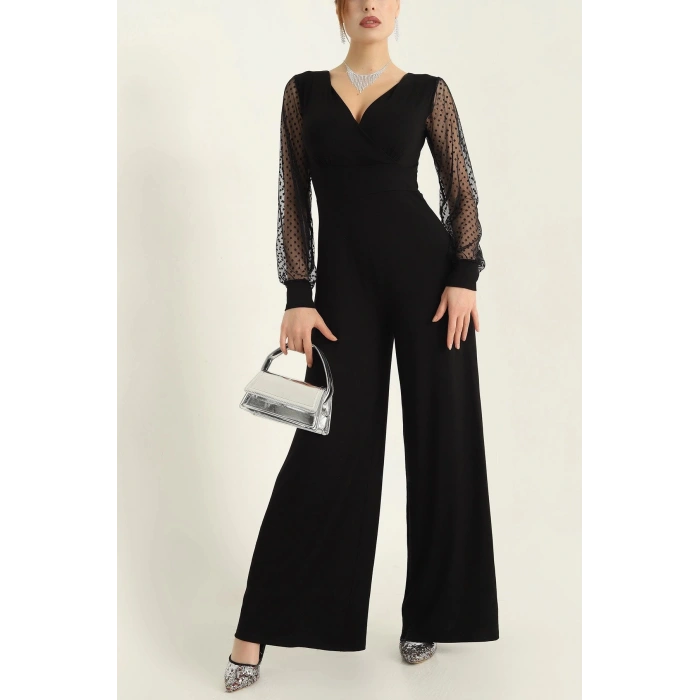 Kadın Derin V Yaka Kolları Puantiyeli Tül Detay Ispanyol Paça Tulum