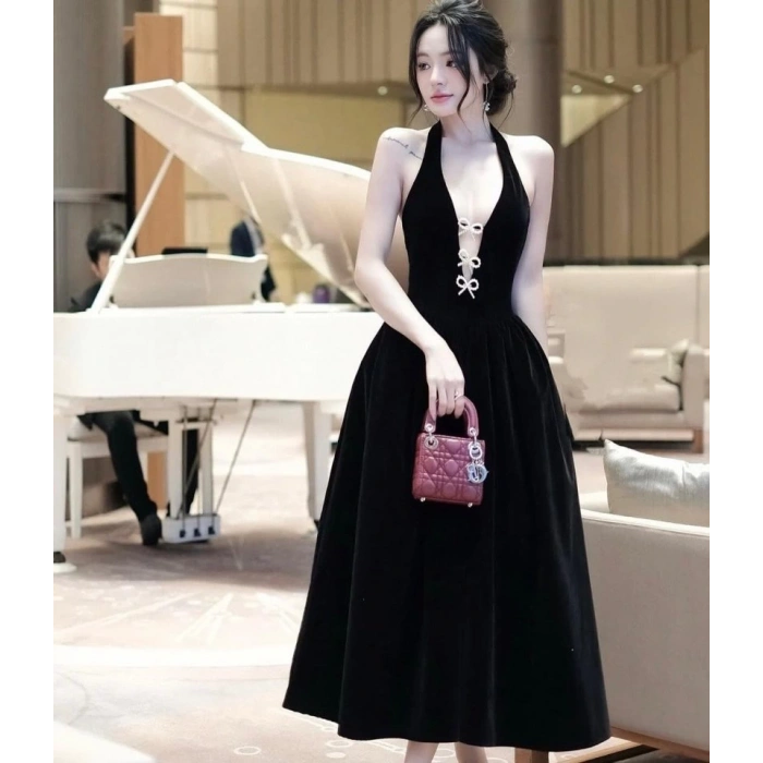 Kadın Derin V Yaka Kurdele Detaylı İthal Double Kumaş Elbise