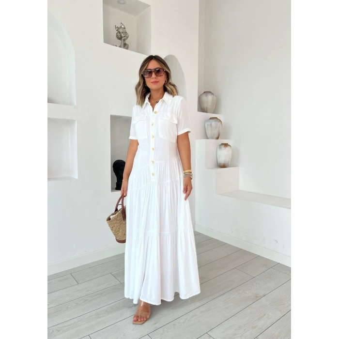 Kadın Dokuma Kumaş Cep Detaylı Maxi Boy Gömlek Elbise