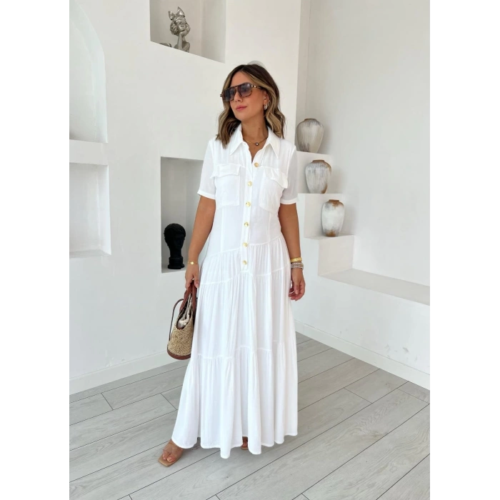 Kadın Dokuma Kumaş Cep Detaylı Maxi Boy Gömlek Elbise